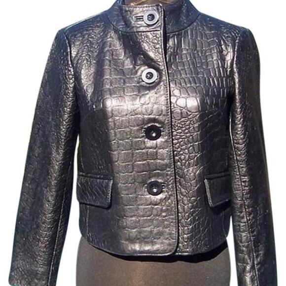 Cache Croc Textured Leather Lined Jacket Coat Top New Front Button NWT $348 - Picture 4 of 13